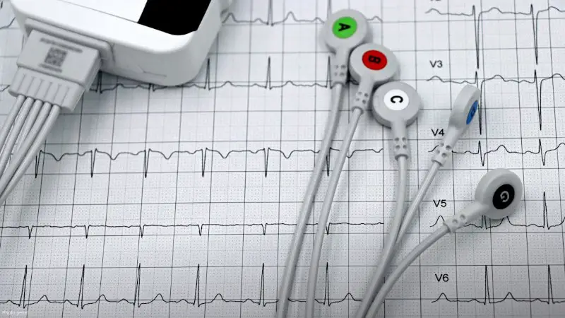 Close-up of ECG monitor leads on a printed cardiogram, showcasing heart health diagnostics., tags: stony brook ai - pexel
